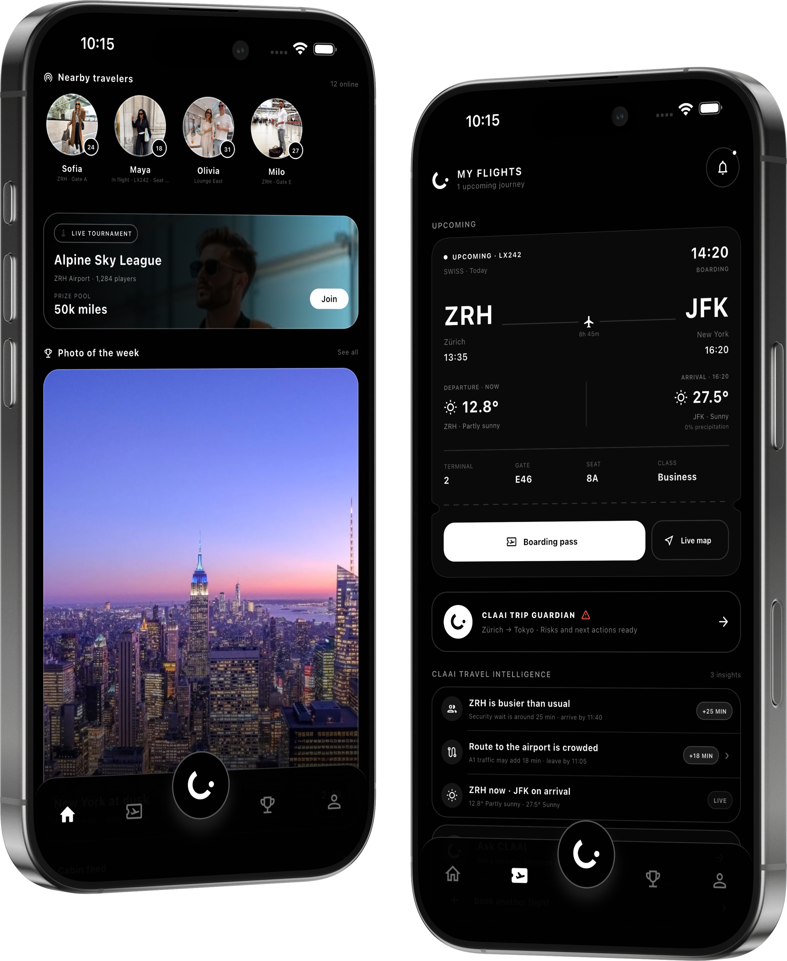 Cabin League iPhone app showing destination routes and flight booking