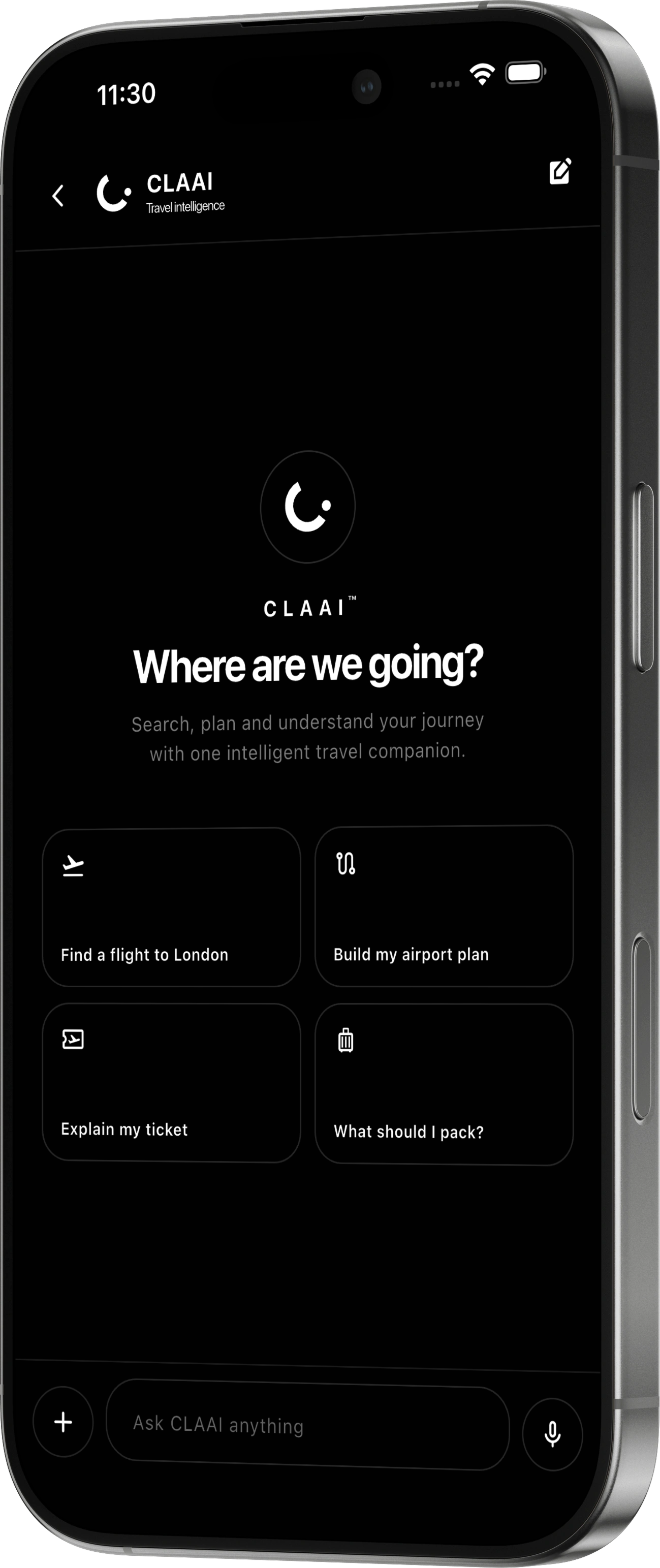 Early CLAAI app screen preview showing the travel intelligence interface